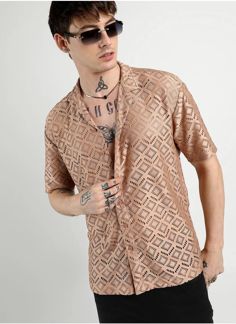 Campus Sutra Men's Tan Brown Oversized Rhombus Shirt