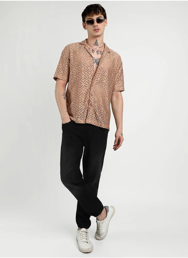 Campus Sutra Men's Tan Brown Oversized Rhombus Shirt