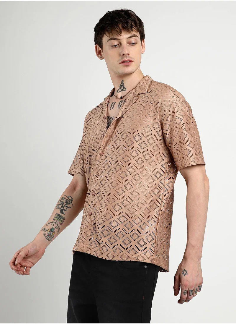 Campus Sutra Men's Tan Brown Oversized Rhombus Shirt