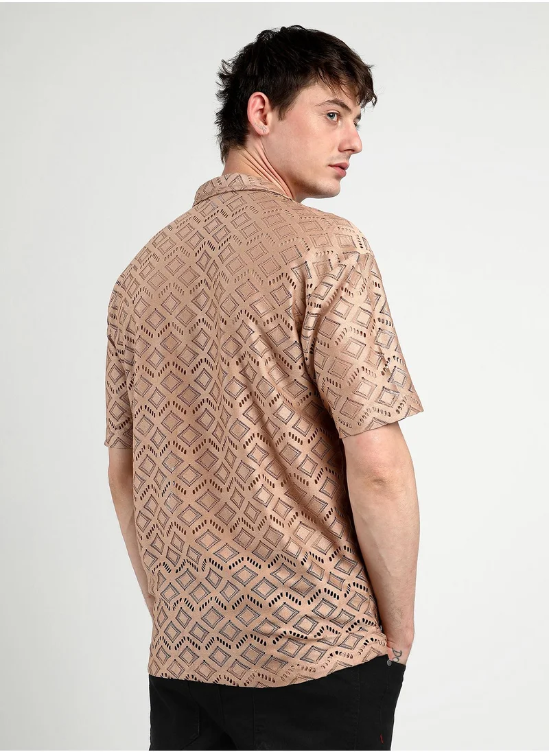 Campus Sutra Men's Tan Brown Oversized Rhombus Shirt