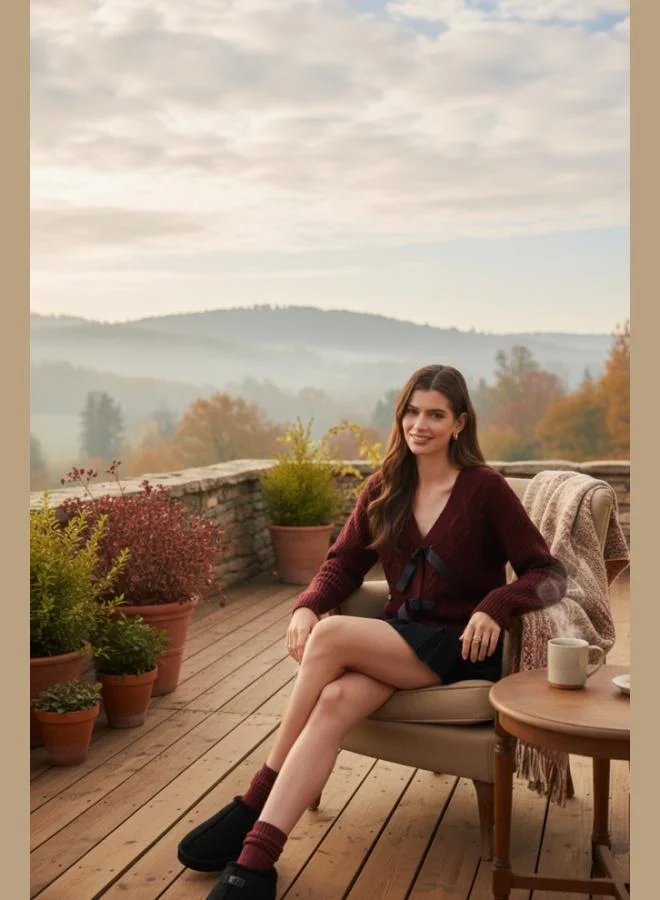 ليلا كارديجان نسائي محبوك بنقوش مميزة بياقة على شكل حرف  وربطة عنق بقصة عادية