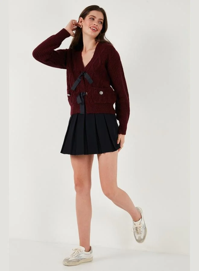 Lela Lela Premium Regular Fit V-Neck Bow Tie Detailed Knitted Patterned Knitwear Cardigan Women's CARDIGAN 680KZ1947