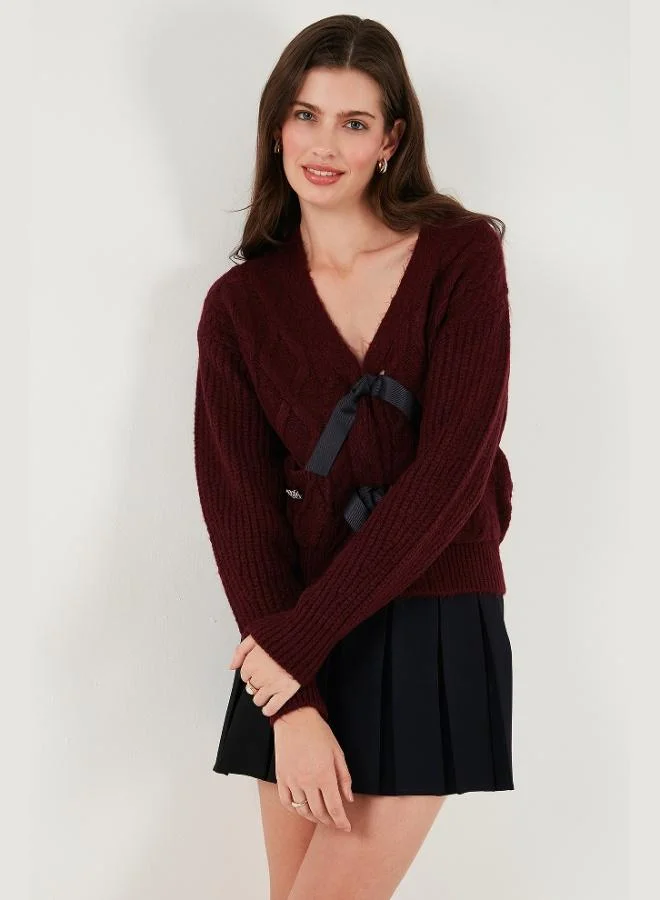 Lela Lela Premium Regular Fit V-Neck Bow Tie Detailed Knitted Patterned Knitwear Cardigan Women's CARDIGAN 680KZ1947