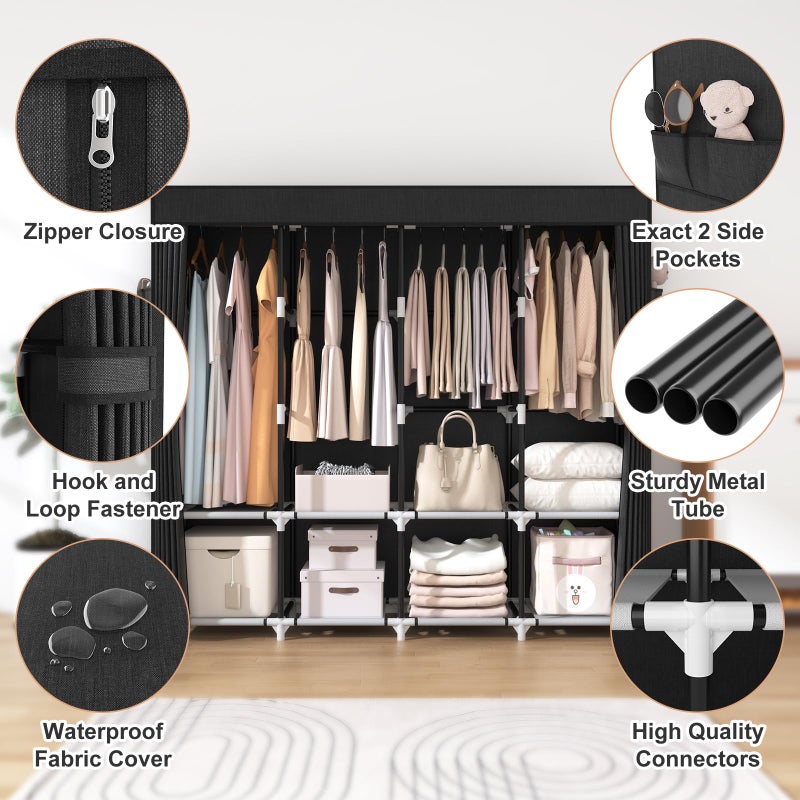 VTRIN Portable Closet for Hanging Clothes 67 Inch Wide Large Capacity Portable Wardrobe Closet with Cover, 4 Storage Shelves and 4 Hanging Rod Sturdy Free Standing Closet for Bedroom, Black - Image 4