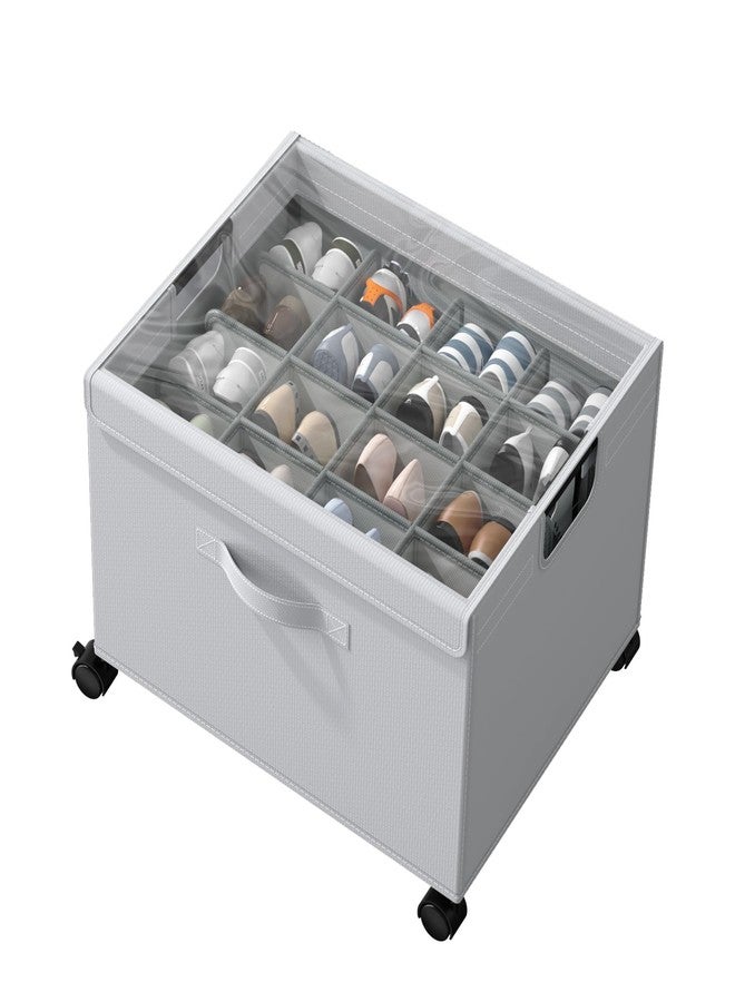 HOUSE AGAIN Shoe Organizer for Closet, Foldable Shoe Storage Organizer Box with Wheels and Adjustable Dividers, Sturdy Metal Frame Fits up to 16-32 Pairs, Large Shoes Storage with Clear Cover - Image 1