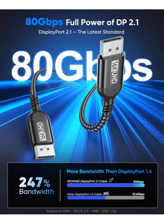 Displayport 2.1 Cable - DP to DP Cable - Support 80Gbps, 16K@60Hz, 8k@120Hz, 4K@240Hz, DSC 1.2a, HDR10, FreeSync, G-Sync for Gaming Monitor, Graphics Card, Computer - Aluminum Alloy Case and Braided Nylon Rope - view 4