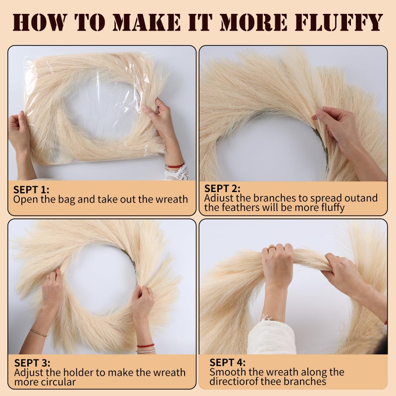 BSOKEIXD 27â€ Beige Pampas Grass Wreath for All Seasons ï¼Œfor Front Door, Porch, Windowï¼Œfor DIY Arrangement Farmhouse Beach Boho Table Centerpieces Bathroom Bedroom Decor Fall - Image 4