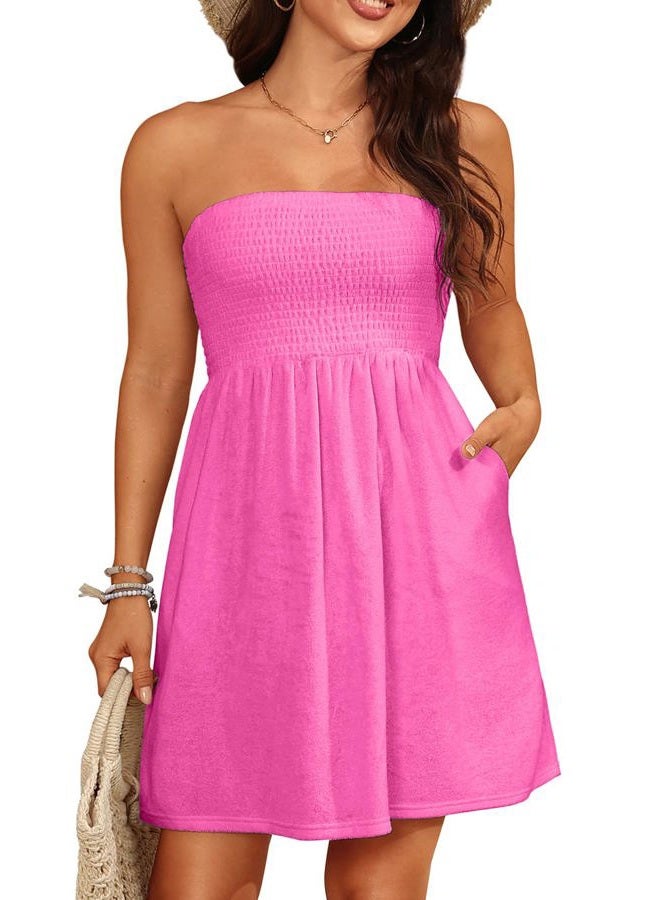 Yonique Women Terry Cloth Cover up - Strapless Beach Cover Up Tube Top with Pockets, Pink, M - Image 1
