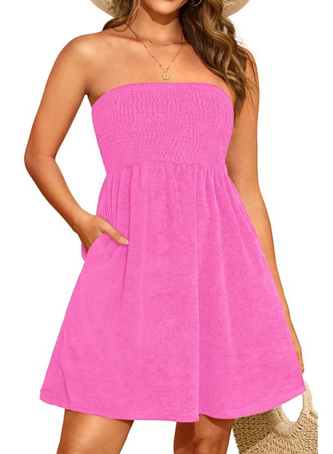 Yonique Women Terry Cloth Cover up - Strapless Beach Cover Up Tube Top with Pockets, Pink, M - Image 2