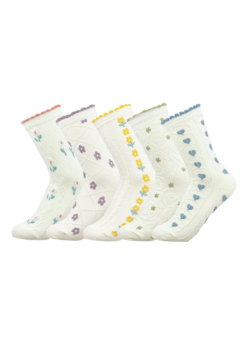 Oasisgalore 5 Pcs Casual Calf Socks, Soft Cotton Frilly Ruffle Socks, Cute Floral White Dress Socks for Girls.  - Image 1