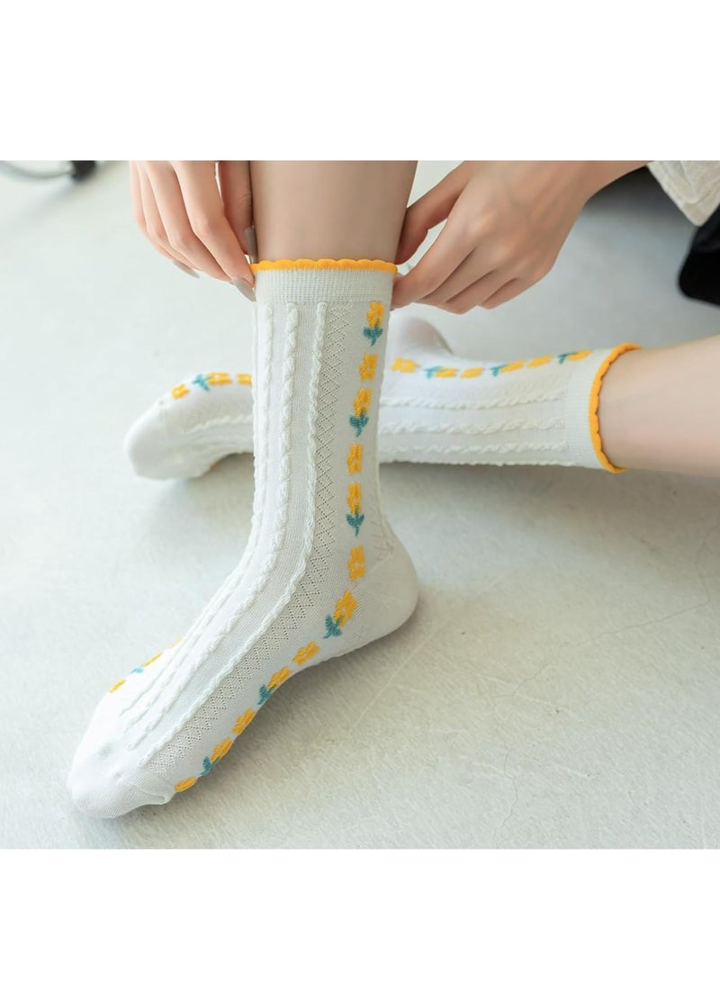 Oasisgalore 5 Pcs Casual Calf Socks, Soft Cotton Frilly Ruffle Socks, Cute Floral White Dress Socks for Girls.  - Image 2
