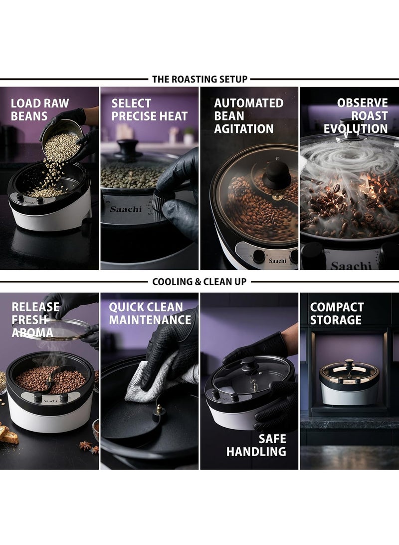 Sachi 800g Coffee Roaster NL-CR-4973-WH, 1200W Electric Coffee Bean Roaster, Tilted Roasting Design, Adjustable Temperature 0-240°C, Glass Viewing Lid - Image 2