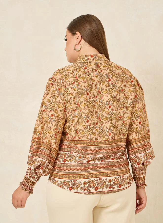Styli Plus Floral Print Regular Fit Shirt with Cuffed Sleeves