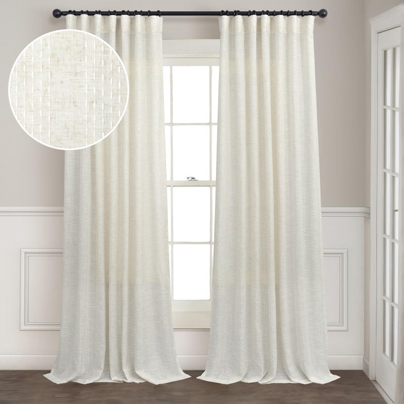 Pitalk Cream Ivory Linen Curtains 95 Inches Long for Living Room 2 Panel Pinch Pleated Patterned Boho Coastal Farmhouse Art Decor Light Filtering Sheer Abstract Modern Curtain for Bedroom Cabin Anthropologie - Image 4