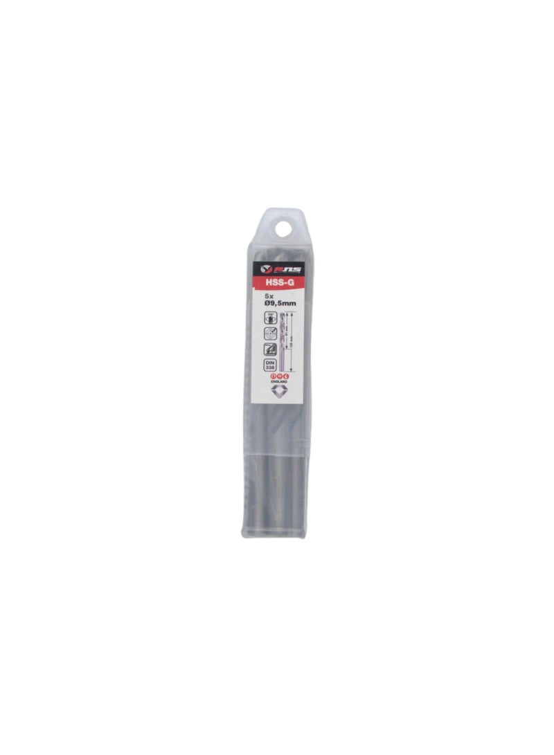 RNS HSS-G TWIST DRILL BIT 9.5 MM RNS, Pack of 5 Ground Flute High Speed Steel Drill Bit for Mild Steel, Alloy Steel and Workshop Use - Image 1