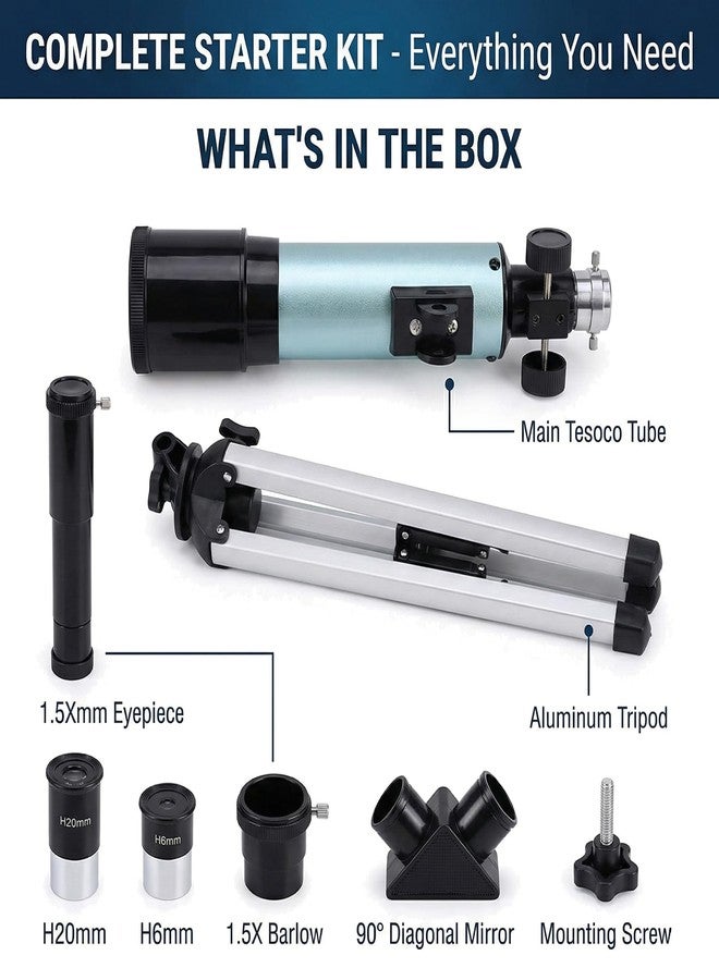 HOYDATE Telescope for Beginners, 90X Portable Astronomical Refractor with 15" Tabletop Tripod, 2 Eyepieces & 1.5X Barlow Lens, 50mm Aperture, Ideal STEM Science Gift for Kids to Explore Moon Space - Image 4