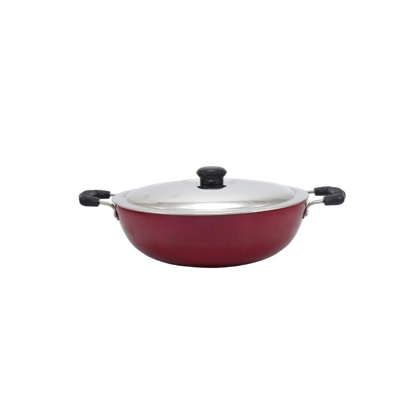 kinox Non Stick 22cm Kadhai with Stainless Steel Lid 2.4 Liters, Thickness 3mm, (Red) - Image 1