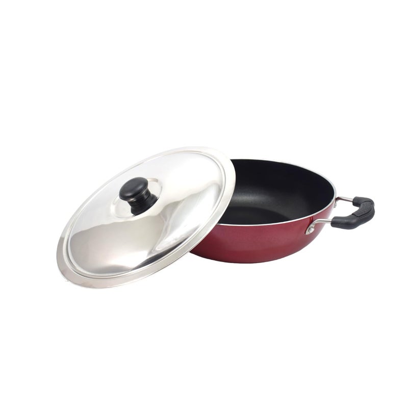 kinox Non Stick 22cm Kadhai with Stainless Steel Lid 2.4 Liters, Thickness 3mm, (Red) - Image 2