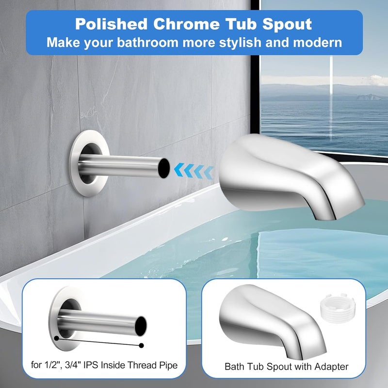 Coolfell Universal Bath Tub Spout with Adapter, Bathtub Faucet Spout Without Diverter, 5" Length Bathtub Faucet for 1/2'', 3/4'' IPS Inside Thread Connection and Tub/Shower Faucet (Chrome) - Image 5