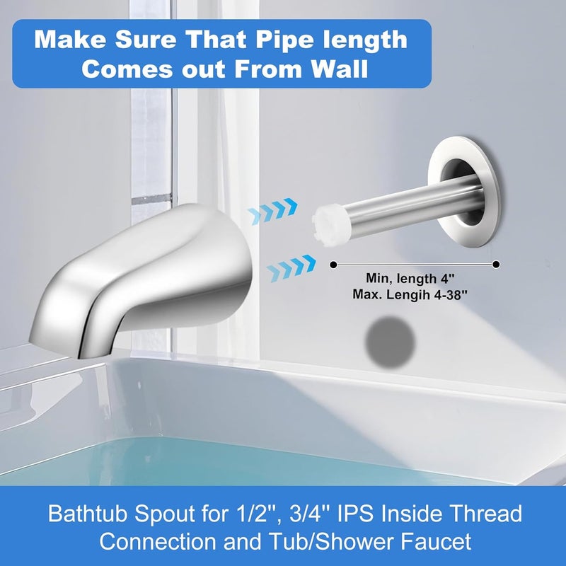 Coolfell Universal Bath Tub Spout with Adapter, Bathtub Faucet Spout Without Diverter, 5" Length Bathtub Faucet for 1/2'', 3/4'' IPS Inside Thread Connection and Tub/Shower Faucet (Chrome) - Image 4