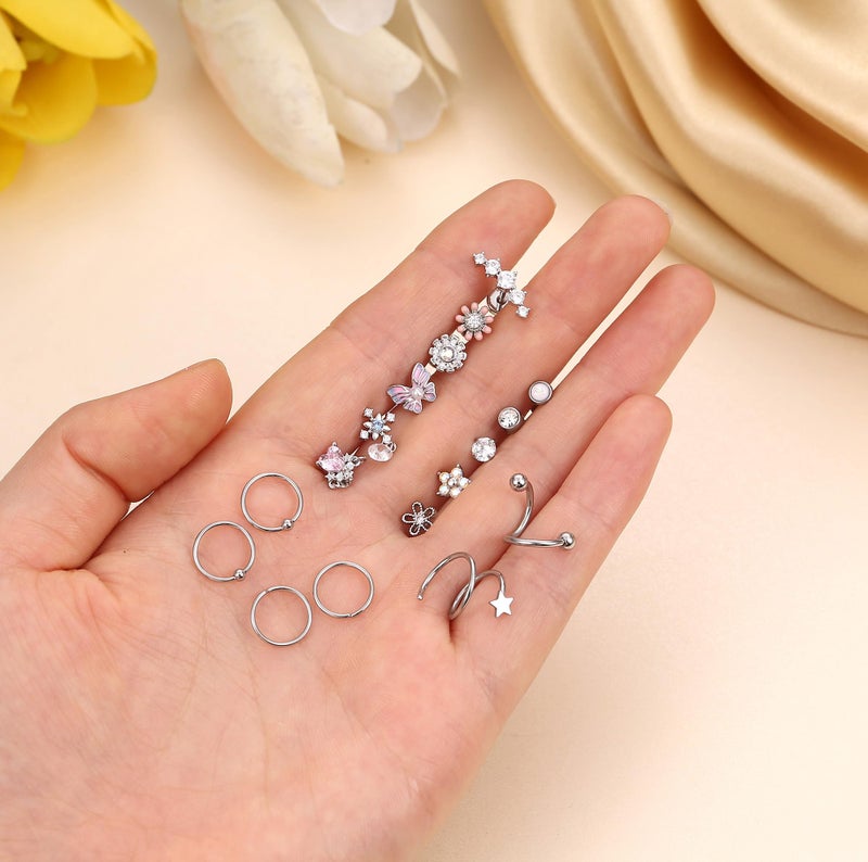 LOYALLOOK 18PCS Cartilage Earring for Women Surgical Steel Flat Back Stud Earrings Couch Hoop Piercing Opal Flower Sanke CZ Cartilage Earring Tragus Helix Piercing, Silver - Image 5