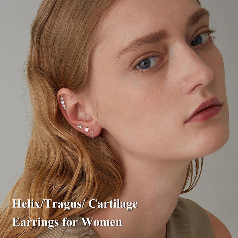 LOYALLOOK 18PCS Cartilage Earring for Women Surgical Steel Flat Back Stud Earrings Couch Hoop Piercing Opal Flower Sanke CZ Cartilage Earring Tragus Helix Piercing, Silver - Image 3