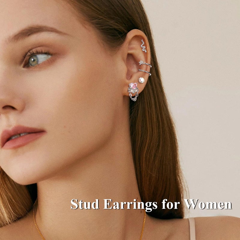 LOYALLOOK 18PCS Cartilage Earring for Women Surgical Steel Flat Back Stud Earrings Couch Hoop Piercing Opal Flower Sanke CZ Cartilage Earring Tragus Helix Piercing, Silver - Image 4