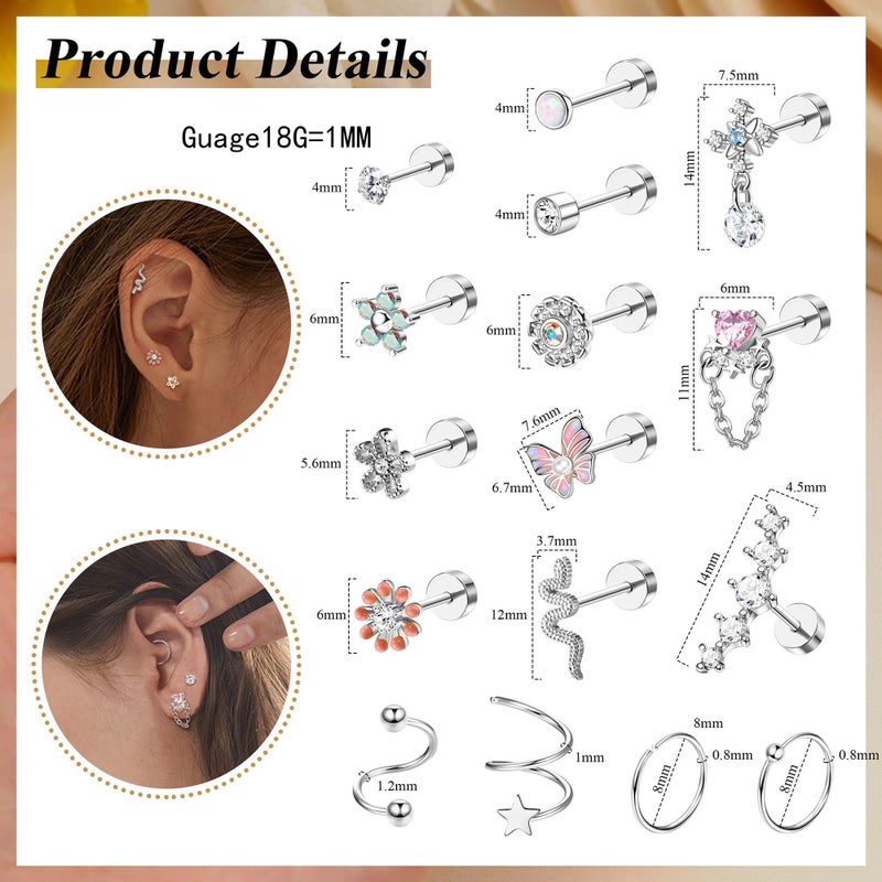 LOYALLOOK 18PCS Cartilage Earring for Women Surgical Steel Flat Back Stud Earrings Couch Hoop Piercing Opal Flower Sanke CZ Cartilage Earring Tragus Helix Piercing, Silver - Image 2