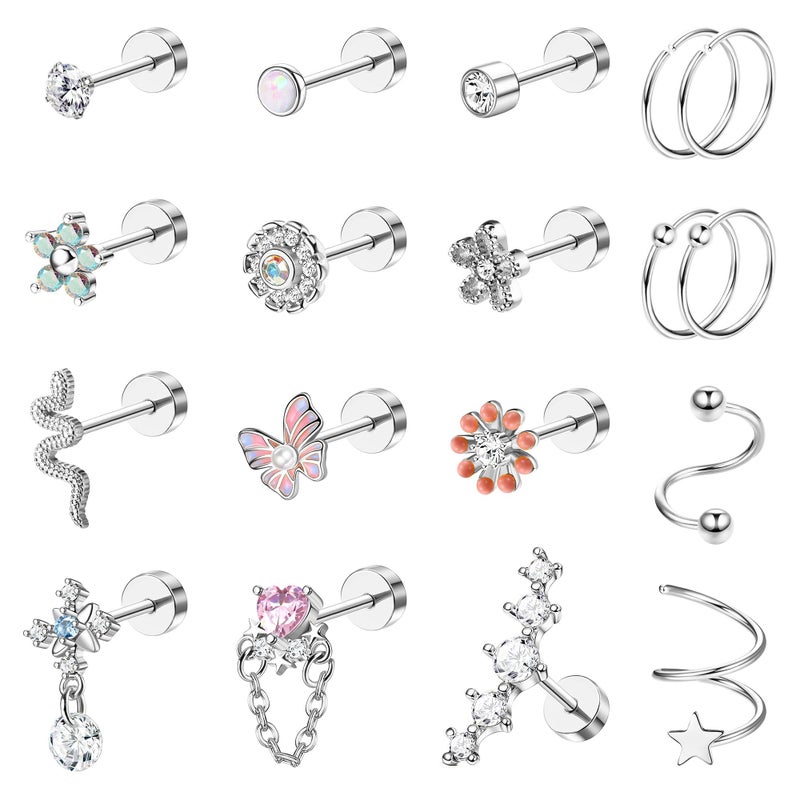 LOYALLOOK 18PCS Cartilage Earring for Women Surgical Steel Flat Back Stud Earrings Couch Hoop Piercing Opal Flower Sanke CZ Cartilage Earring Tragus Helix Piercing, Silver - Image 1
