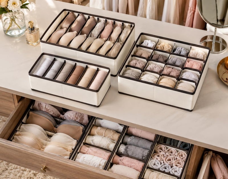 Lingerie Storage Box with 24 Compartments, Foldable Underwear Drawer Organizer for Bras, Socks, Panties & Accessories, Fabric Closet Storage Bin for Cabinets, Shelves & Dressers (Beige) - Image 1