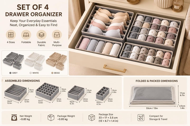 Lingerie Storage Box with 24 Compartments, Foldable Underwear Drawer Organizer for Bras, Socks, Panties & Accessories, Fabric Closet Storage Bin for Cabinets, Shelves & Dressers (Beige) - Image 3