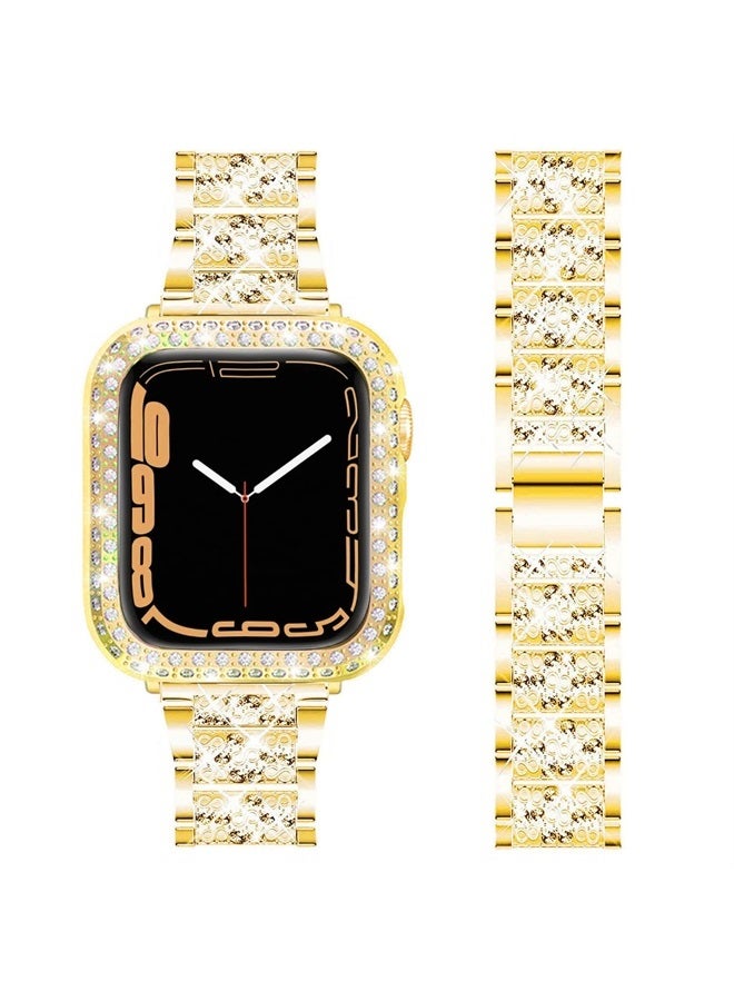 DEALELE Bands Compatible with iWatch 40mm 44mm, Bling Rhinestone Diamond Metal Strap with Protective Case Cover Replacement for Apple Watch Series 6/5 / 4 / SE Women Men (40mm, Gold) - Image 1