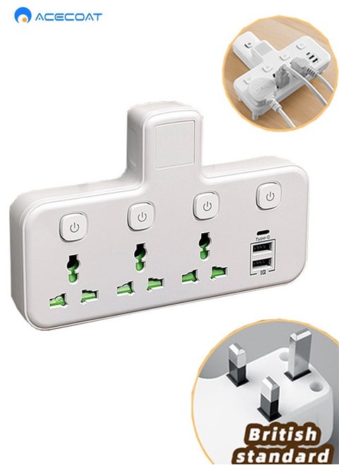 Wireless UK Power Strip,Multi-Plug Extension AC Socket With 2 USB 1 Type-C(Fast Charging),Multi-Function Wall Charger With 3 Universal Outlets,All-In-One Plug Adapter With Switch,Safety Door,White