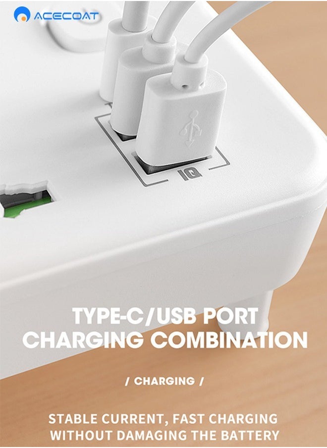 Wireless UK Power Strip,Multi-Plug Extension AC Socket With 2 USB 1 Type-C(Fast Charging),Multi-Function Wall Charger With 3 Universal Outlets,All-In-One Plug Adapter With Switch,Safety Door,White