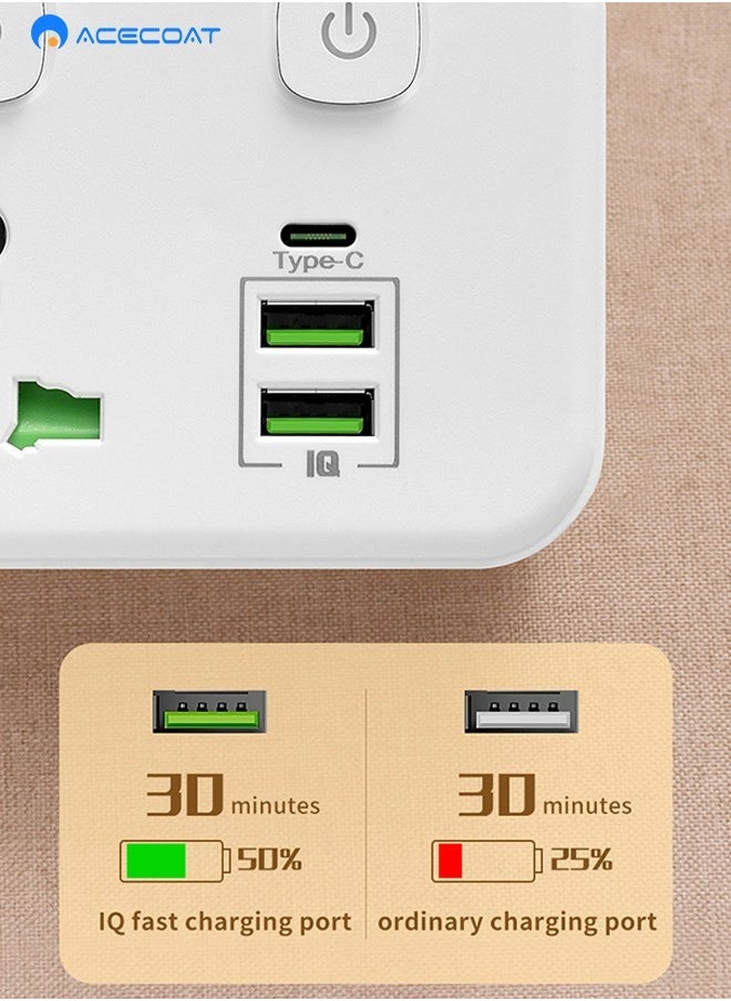 Wireless UK Power Strip,Multi-Plug Extension AC Socket With 2 USB 1 Type-C(Fast Charging),Multi-Function Wall Charger With 3 Universal Outlets,All-In-One Plug Adapter With Switch,Safety Door,White