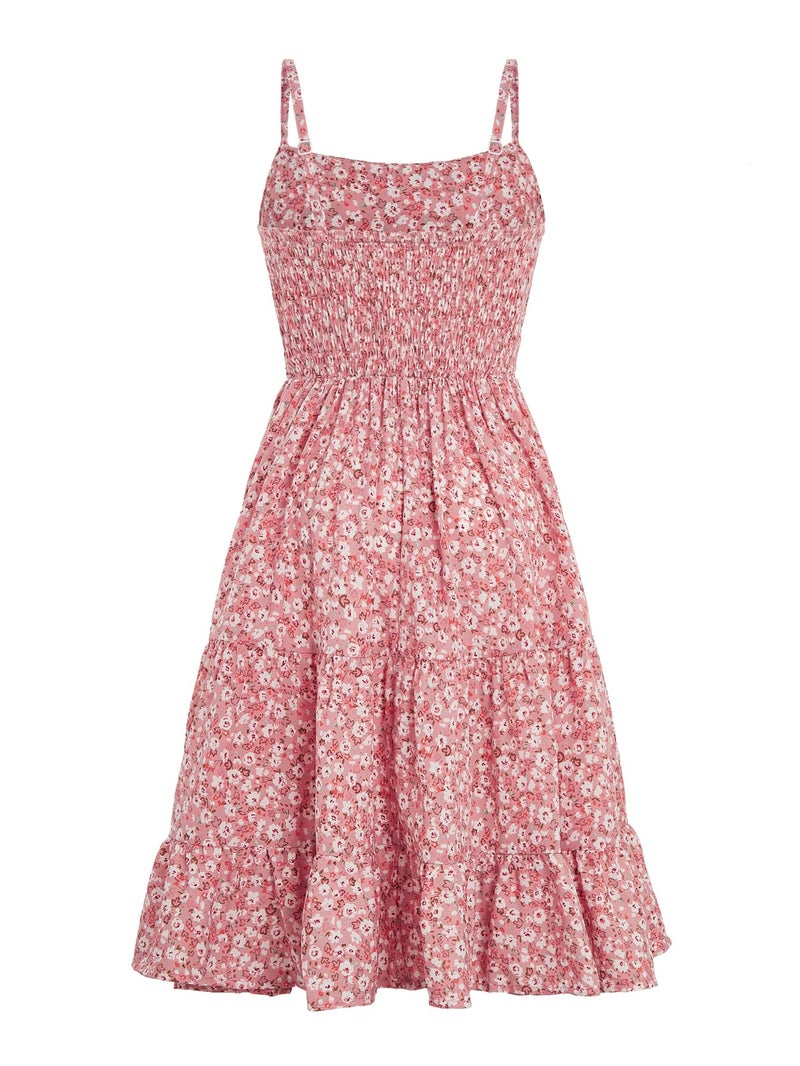 Floerns Girl's Floral Print Sleeveless Ruched Ruffle Hem A Line Cami Short Dress Pink 11-12Y - Image 2