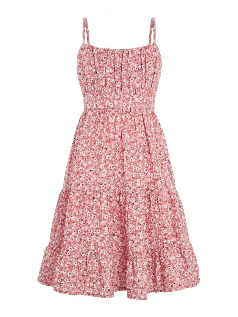 Floerns Girl's Floral Print Sleeveless Ruched Ruffle Hem A Line Cami Short Dress Pink 11-12Y - Image 1