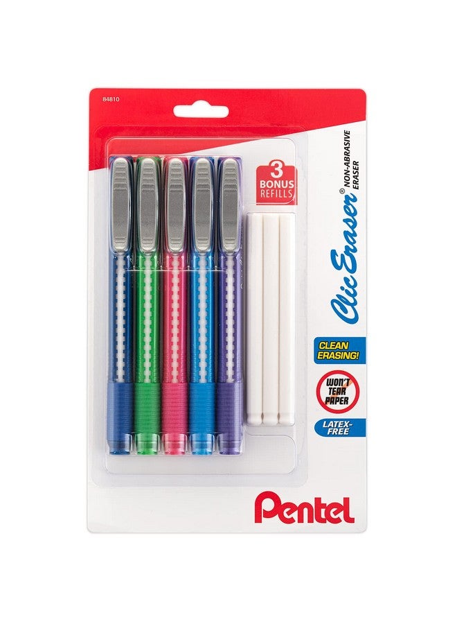 Pentel Pentel Clic Eraser, Retractable Eraser Pen Style Grip - Pack of 5 Assorted Colors with 3 Refills  - Image 1