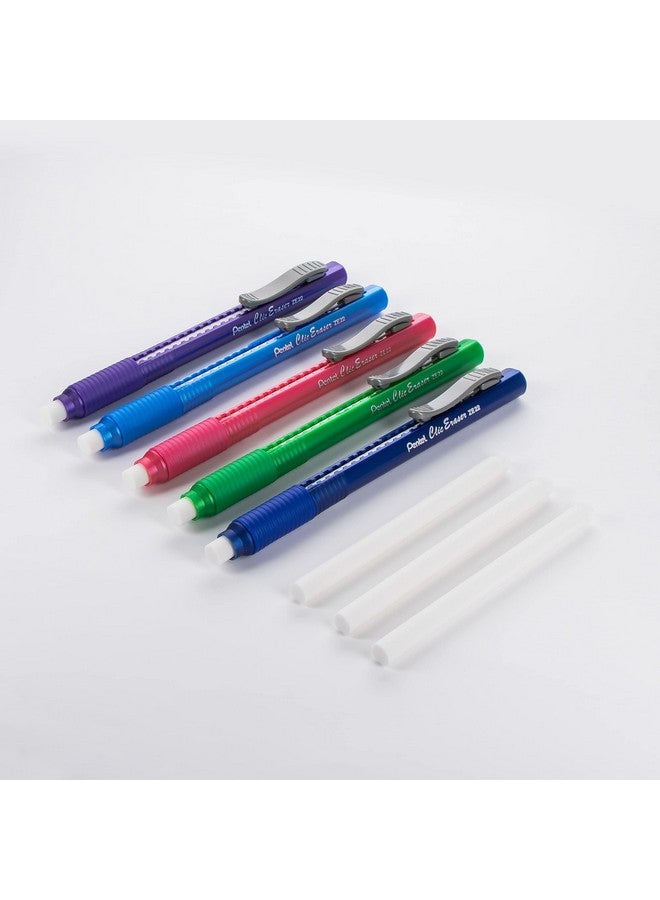 Pentel Pentel Clic Eraser, Retractable Eraser Pen Style Grip - Pack of 5 Assorted Colors with 3 Refills  - Image 2