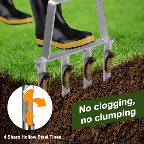 Qdreclod Lawn Core Aerator Tool Coring Grass Aerator Lawn Tool 4 Hollow Tines for Efficient Aeration Heavy Duty Steel Manual Plug Aerator for Lawn Care/Yard Soil Loosening/Grass Maintenance(Silvery) - Image 2