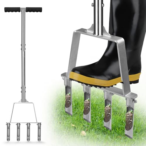 Qdreclod Lawn Core Aerator Tool Coring Grass Aerator Lawn Tool 4 Hollow Tines for Efficient Aeration Heavy Duty Steel Manual Plug Aerator for Lawn Care/Yard Soil Loosening/Grass Maintenance(Silvery) - Image 1