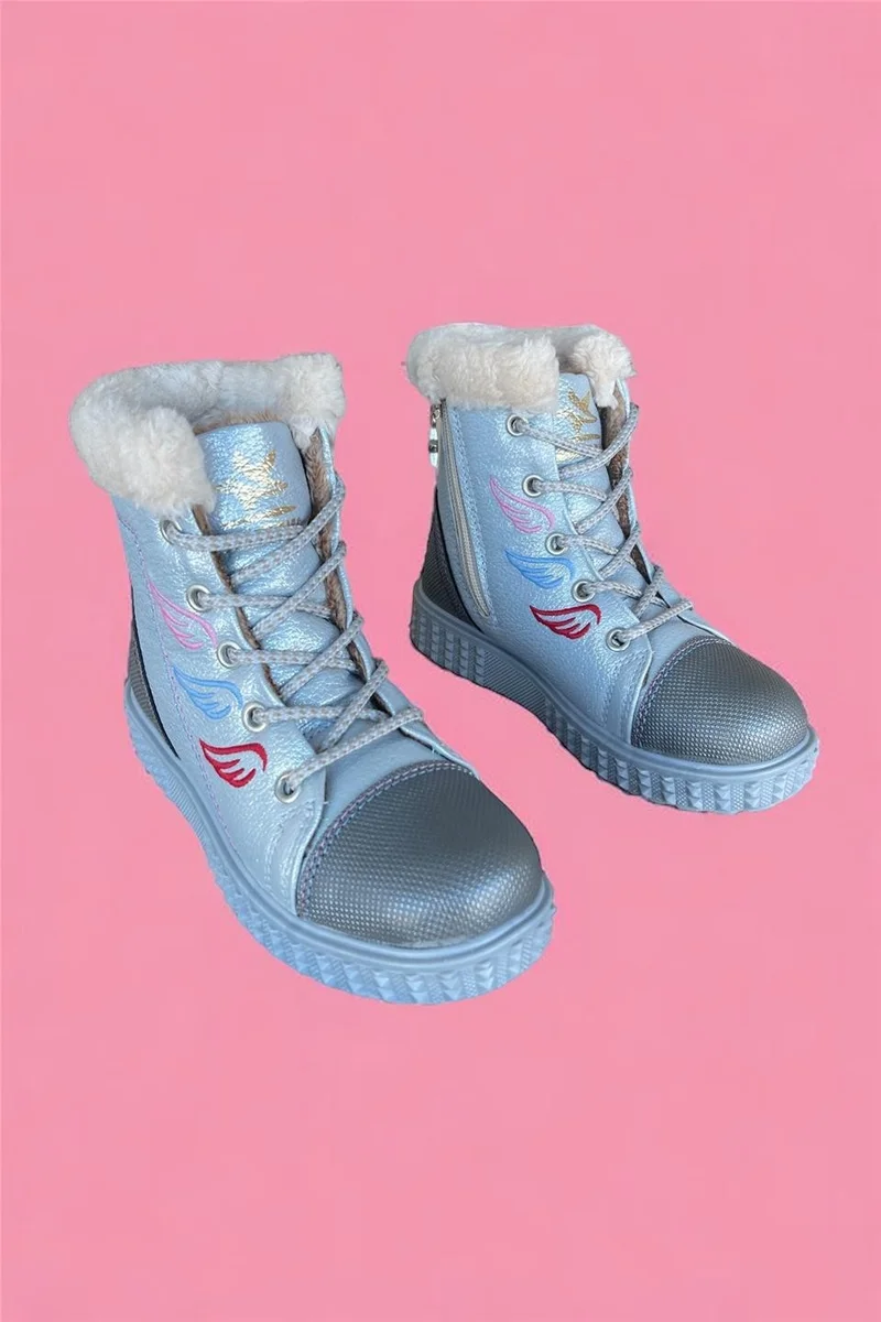 Liger Orthopedic Fur Lined Zippered Angel Wing Detail Non-Slip Sole Children's Boots Silver