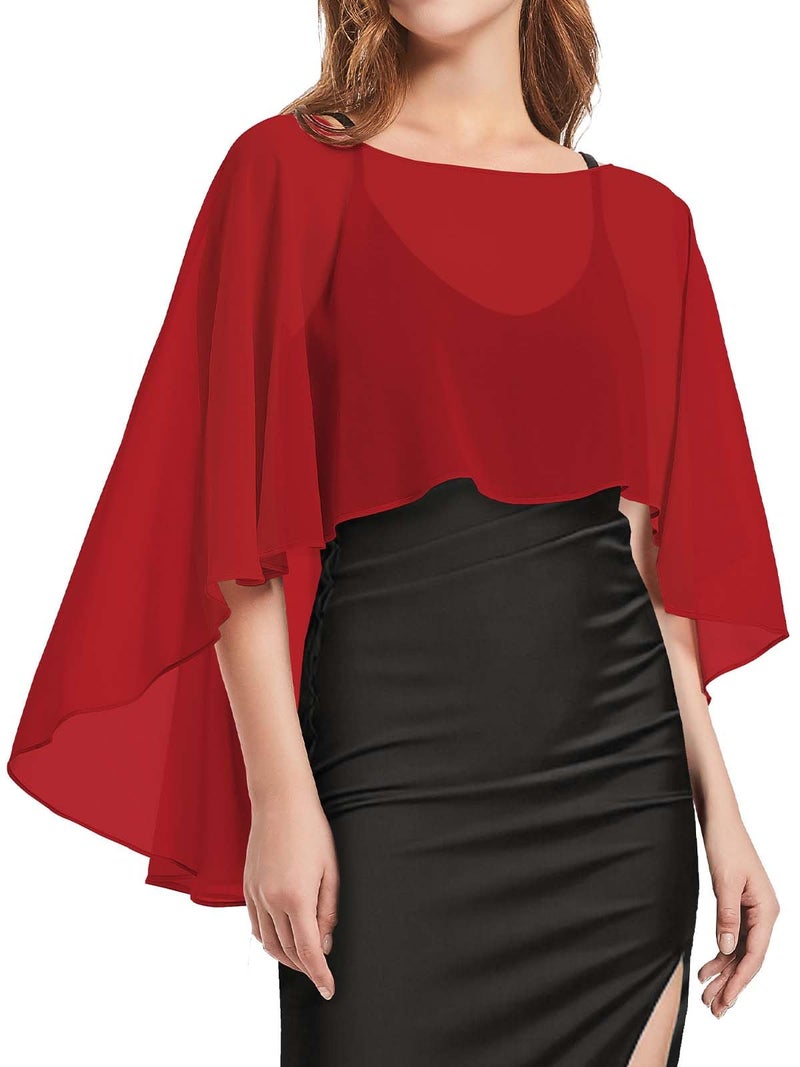 CHICGAL Womens Capelets Shawls and Wraps for Evening Dress Chiffon Capes Wedding Cover Up, Red - Image 1