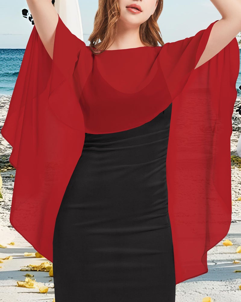 CHICGAL Womens Capelets Shawls and Wraps for Evening Dress Chiffon Capes Wedding Cover Up, Red - Image 3