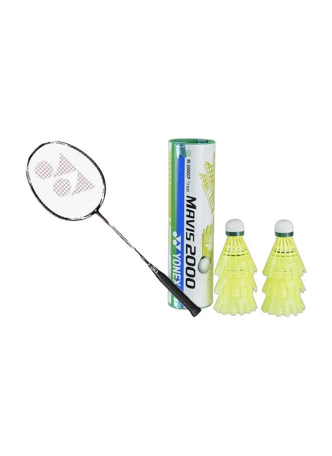 Yonex 4U/G4 Voltric Series Black/Red Badminton + Mavis 2000 Green Cap Slow Badminton Shuttlecock 6 Pack, Yellow Pack  - Image 1