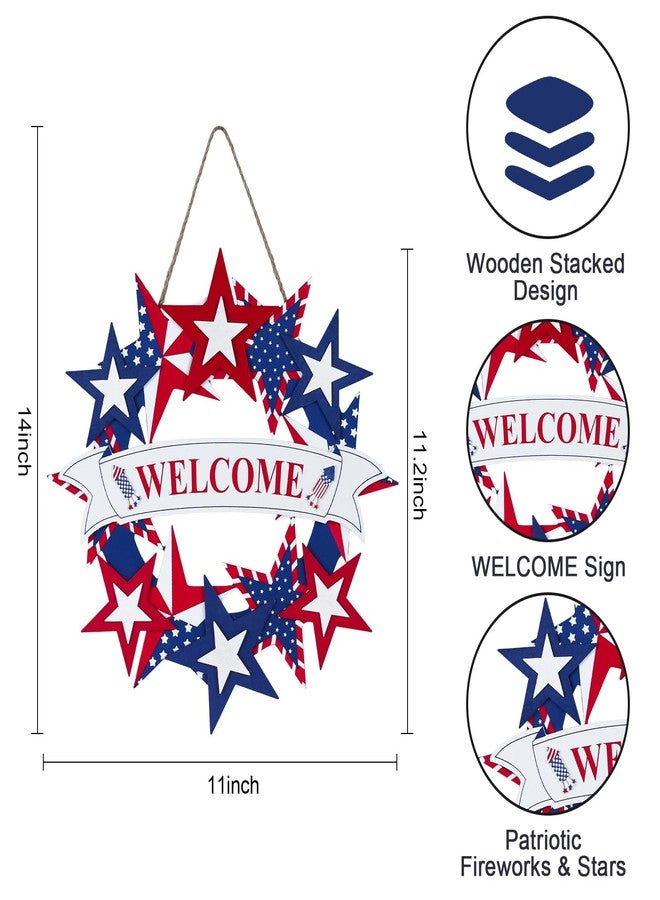 DECSPAS 4th of July Decorations, 250th Anniversary Fourth of July Wooden Welcome Wall Signs, Patriotic Star Wreaths for Front Door, Memorial Day Hanging Crafts for Home Mantel Indoor Farmhouse Decor - Image 3