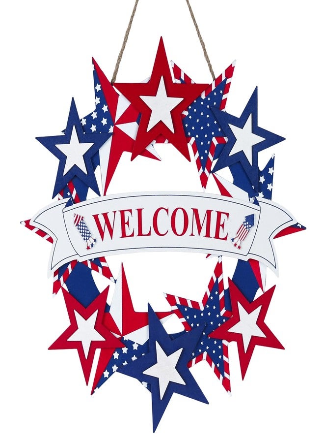 DECSPAS 4th of July Decorations, 250th Anniversary Fourth of July Wooden Welcome Wall Signs, Patriotic Star Wreaths for Front Door, Memorial Day Hanging Crafts for Home Mantel Indoor Farmhouse Decor - Image 1
