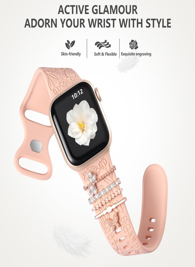 DaQin Flower Engraved Band Compatible with Apple Watch Bands 40mm for Women 38mm 41mm, Soft Silicone Sport Band With Decorative Apple Watch Charms for iWatch Series 9 8 7 6 5 4 3 2 1 SE (With Band) - Image 5