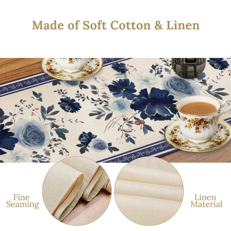 JESTRONRY Navy Blue Flowers Linen Table Runner,Spring Floral Seasonal Dinner Table Decoration for Home Living Room Kitchen Dining Room 13x36in - Image 4