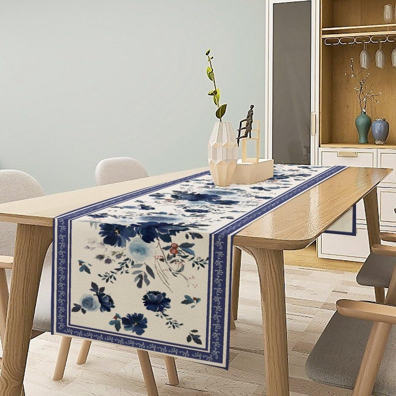 JESTRONRY Navy Blue Flowers Linen Table Runner,Spring Floral Seasonal Dinner Table Decoration for Home Living Room Kitchen Dining Room 13x36in - Image 2